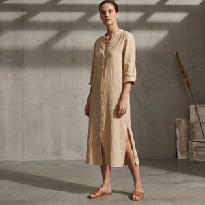Zara 100% Linen Tan Button Front Shirt Dress with Pockets Size Small